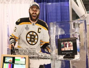 Zdeno Chara marvels at the Barracuda encased in a block of ice